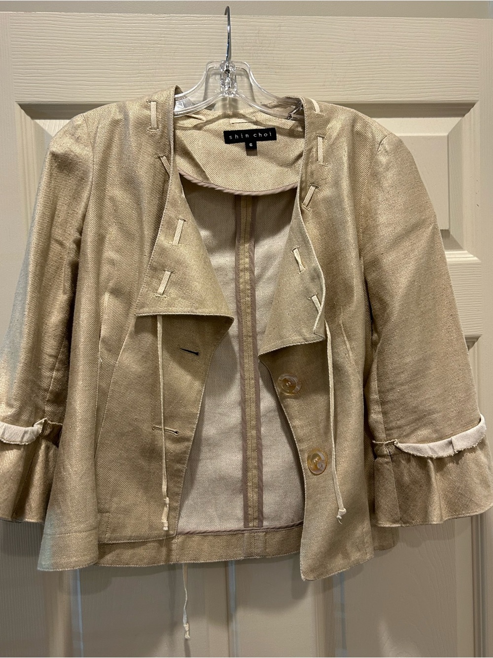 Vintage Y2K Shin Choi Women's Light Beige Ruffle-Sleeve Linen Blend Jacket